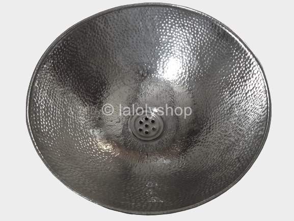 Lavabo rond a poser métal argenté, martelage dense, diamètre 40 cm